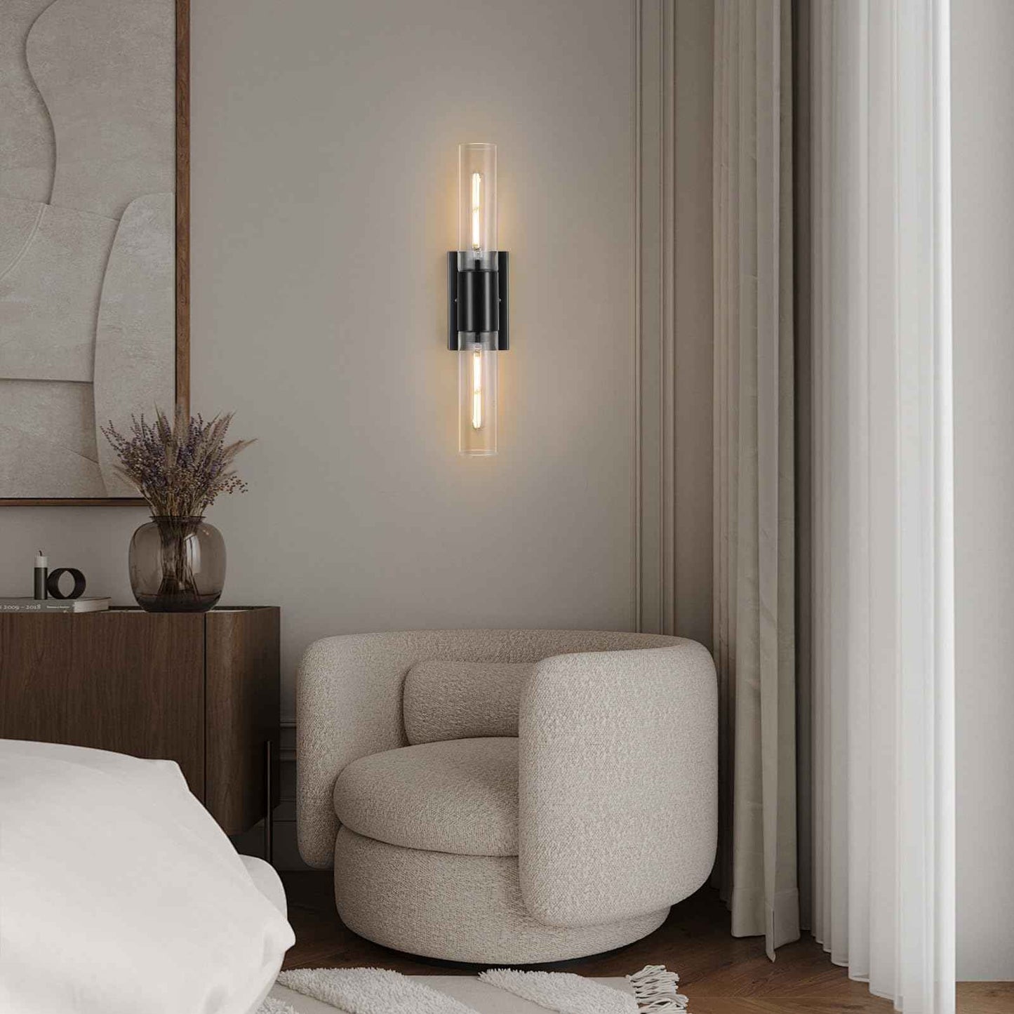 Bathroom Wall Sconces Set of Two Black , 21" Modern 2-Light Vanity Light Tube Wall Sconce, Clear Glass Indoor Hardwired Mounted Lamps for Living Room,Bedroom,Hallway-Black Clear (Bulb Not Included)