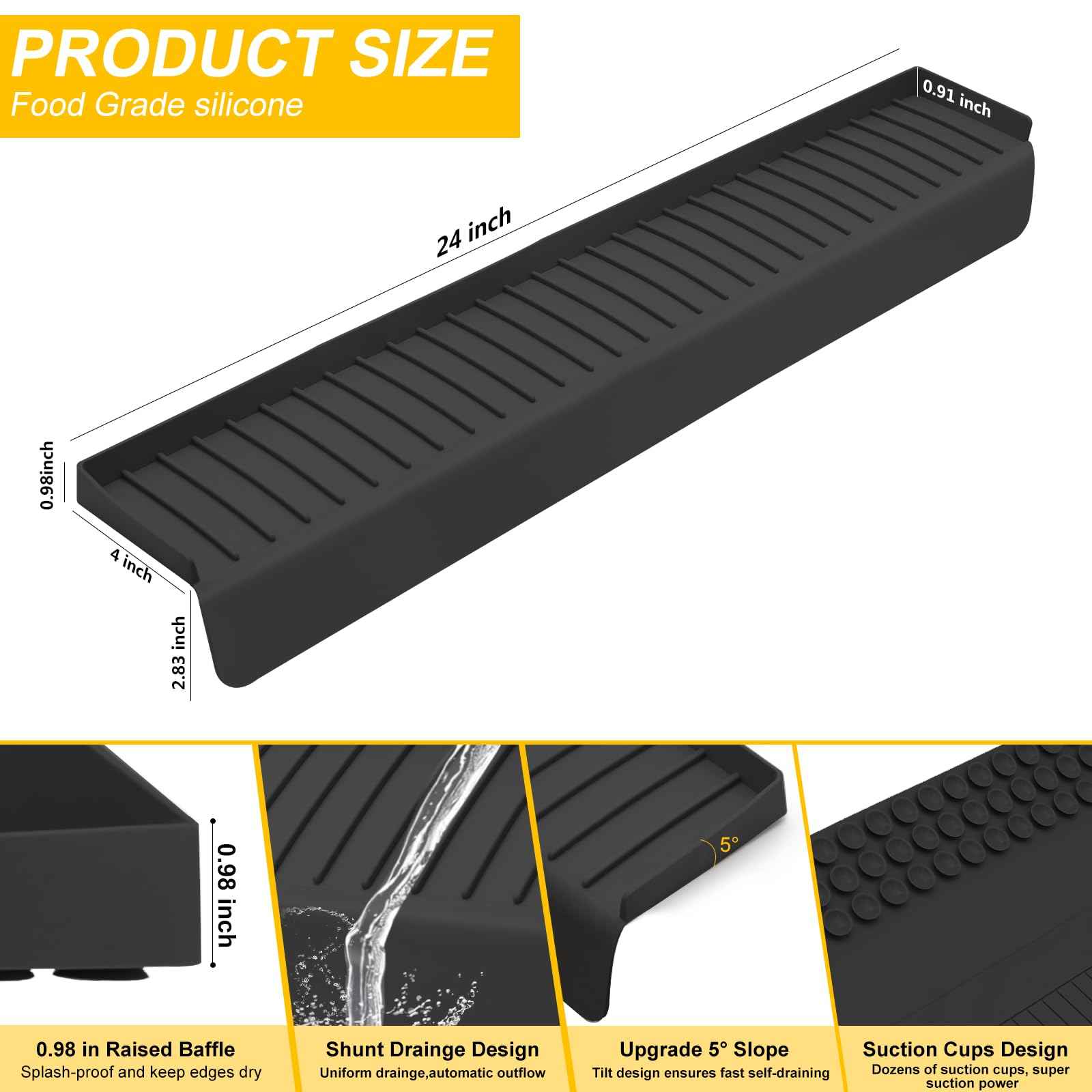 Kitchen Sink Splash Guard, 4 * 24‘’ Sink Edge Protector with Suction Cups, Silicone Faucet Splash Guard & Draining Mat for Kitchen, Bathroom Sink, Steel, Granite, Quartz Countertops (Black)