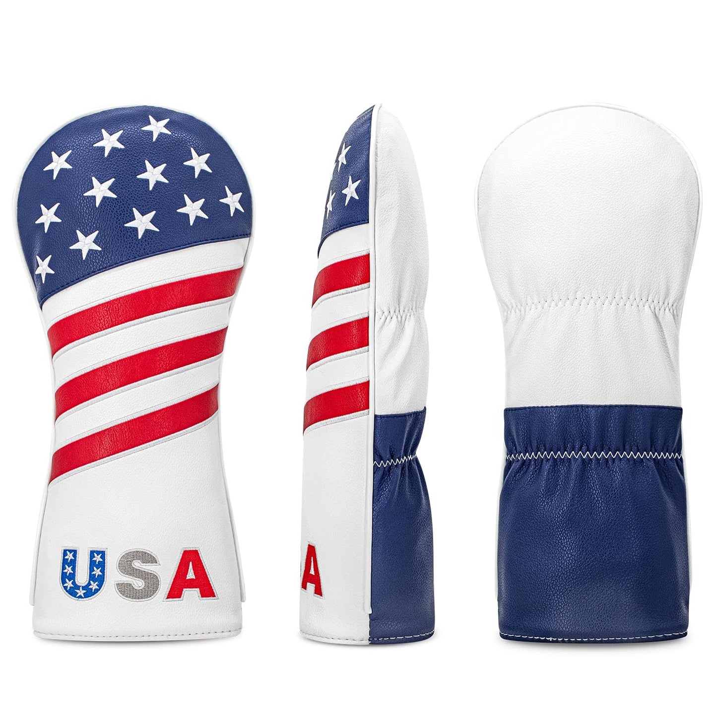 Golf American Style Head Cover Golf Club Blue and White Leather Headcovers Set Fits Driver Fairway Wood Hybrid Utility Putter Iron Wedge Headcover. (Driver)