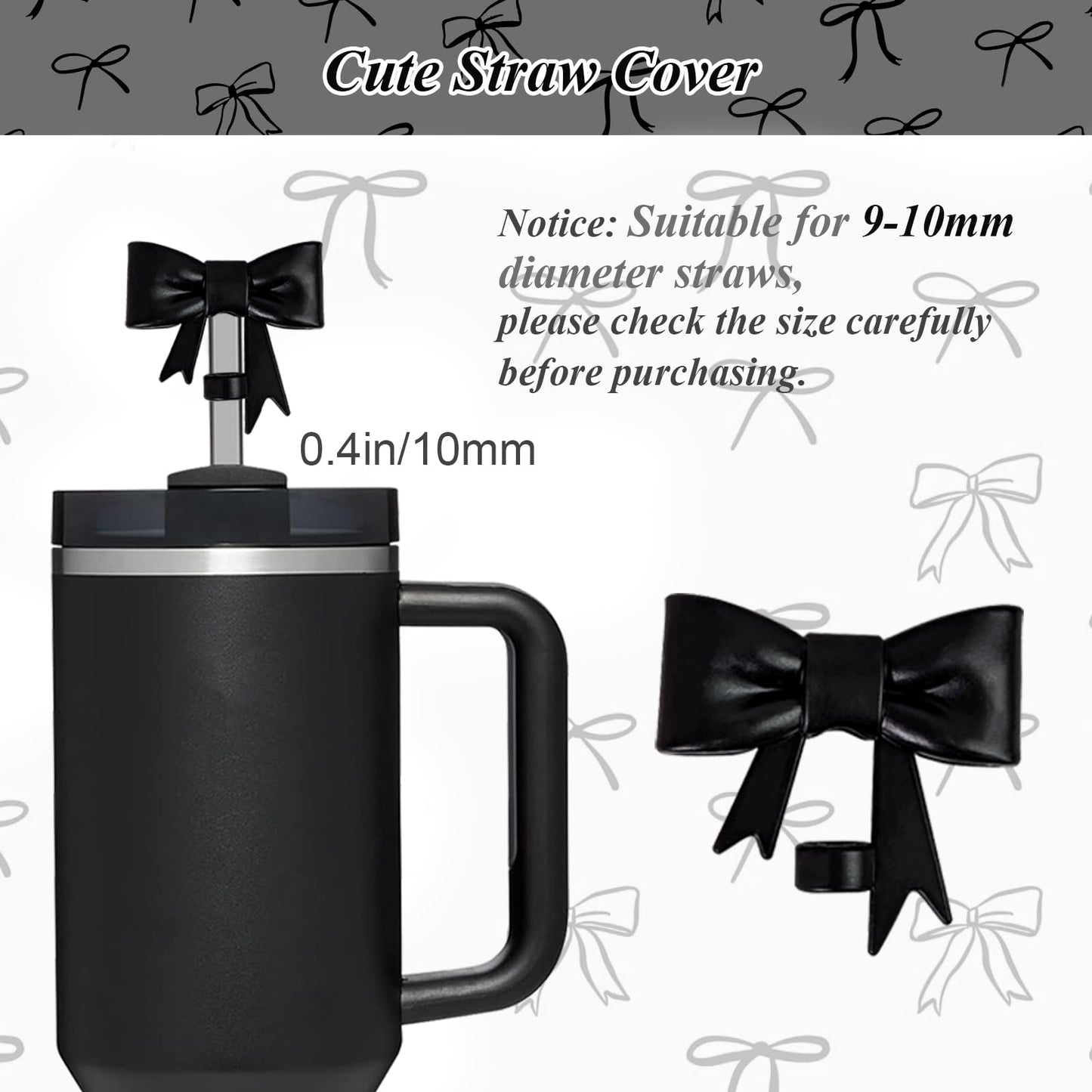 VirgoCCY Black Bow Stanley Cup Accessories Set Including Siliocne Straw Cover, Siliocne Boot, Water Bottle Handle Strap, Charms for Stanley Cup 40oz 30oz Tumbler with Handle, Black