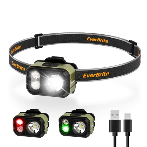 EverBrite 400LM Rechargeable Headlamp, 1.59 oz Lightweight & Comfortable Head Lamp with Hat Clip, IP67 Waterproof, White/Red/Green Light, 7 Modes for Running, Camping and Backpacking-Green