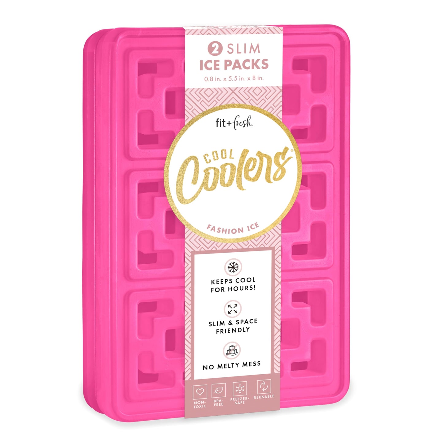 Cool Coolers XL Fashion Ice by Fit & Fresh, 2pk Ice Blocks for Lunchboxes, Quick Freeze, Space Saving, Stylish Reusable Freezer Packs for Coolers, Hot Pink