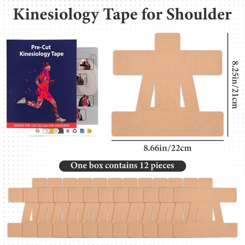 12 Pcs Precut Kinesiology Tape for Shoulder，Shoulder Tape for Shoulder Pain Relief Pre Cut，Support & Stability，Elastic，Waterproof, Breathable Athletic Tape(Brown)