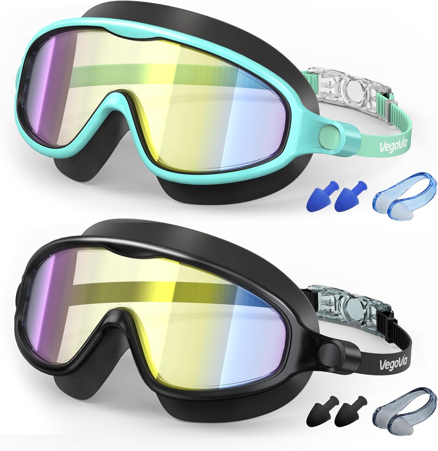 VegoVia Kids Swim Goggles - 2 Pack Anti-Fog UV Protection | Wide View for Ages 3-15