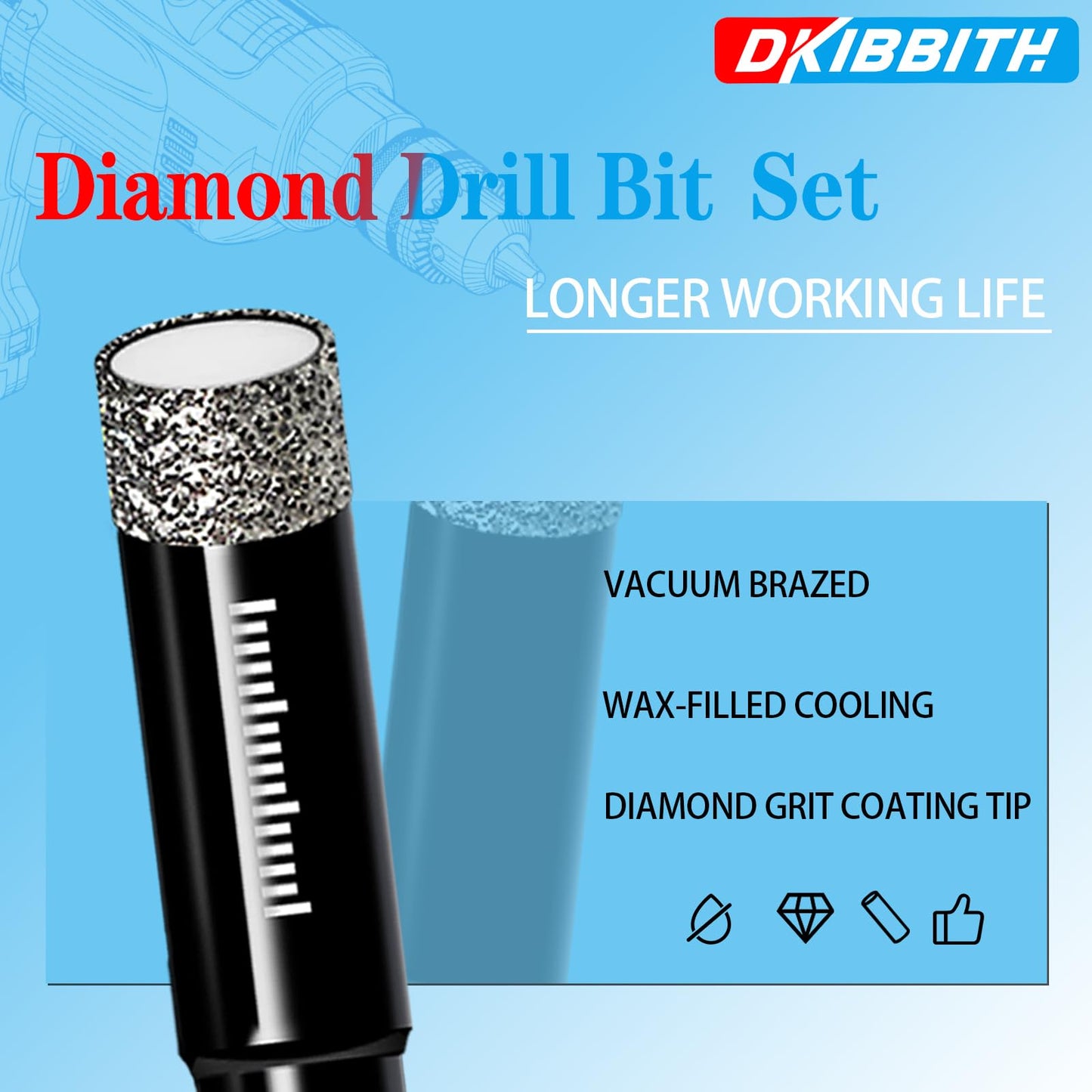 DKIBBITH 7 Pack Dry Diamond Drill Bits & Tile Drill Bits Set for Ceramic, Porcelain, Marble, Granite, Stone, Glass - Round Shank 3/16", 1/4"(x2), 5/16", 3/8", 1/2"+1 Pack Masonry Drill Bit 1/4"