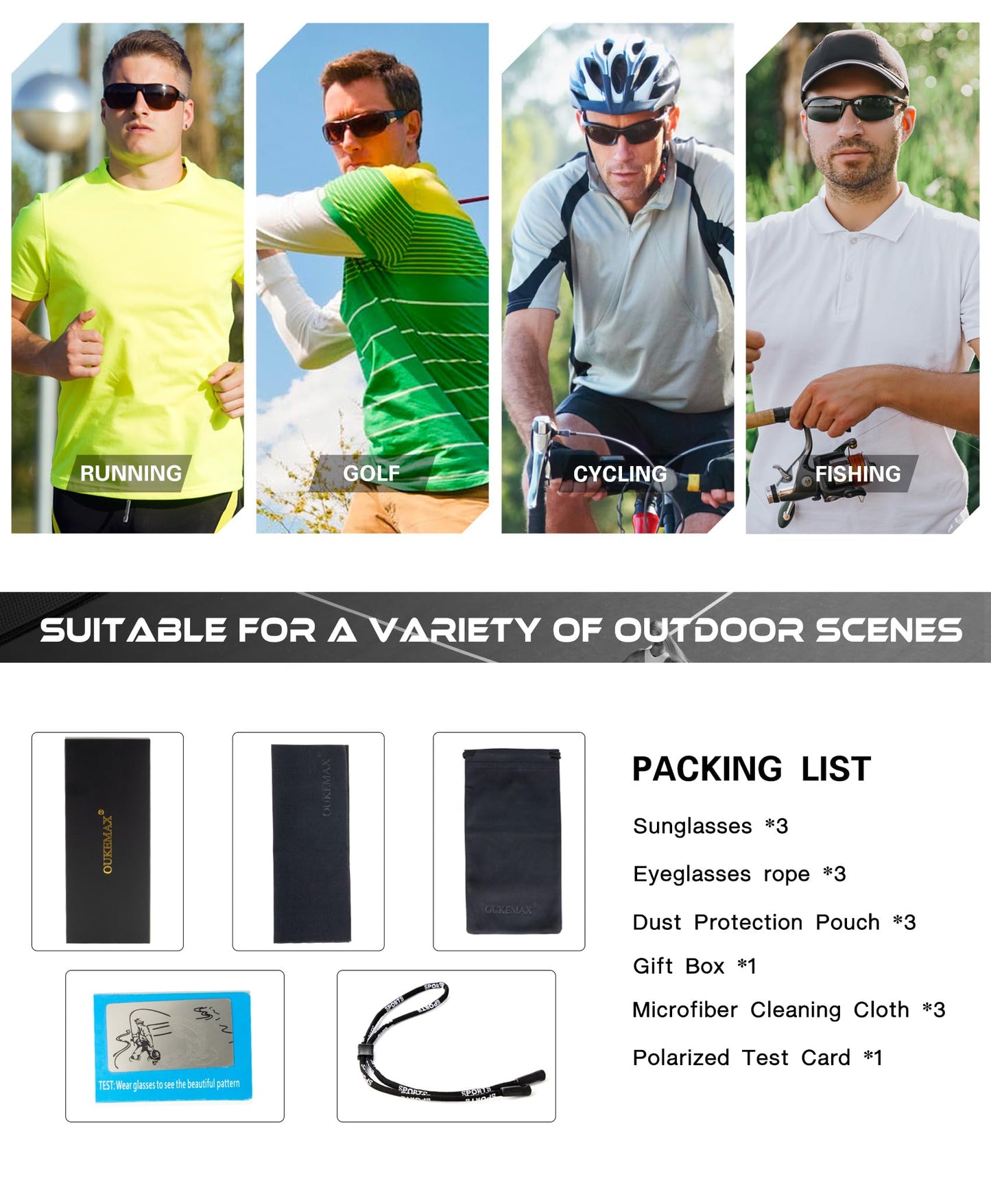 OUKEMAX Polarized Sunglasses Men, Sports Sun Glasses Womens UV400 Protection for Fishing Running Driving 3 Packs