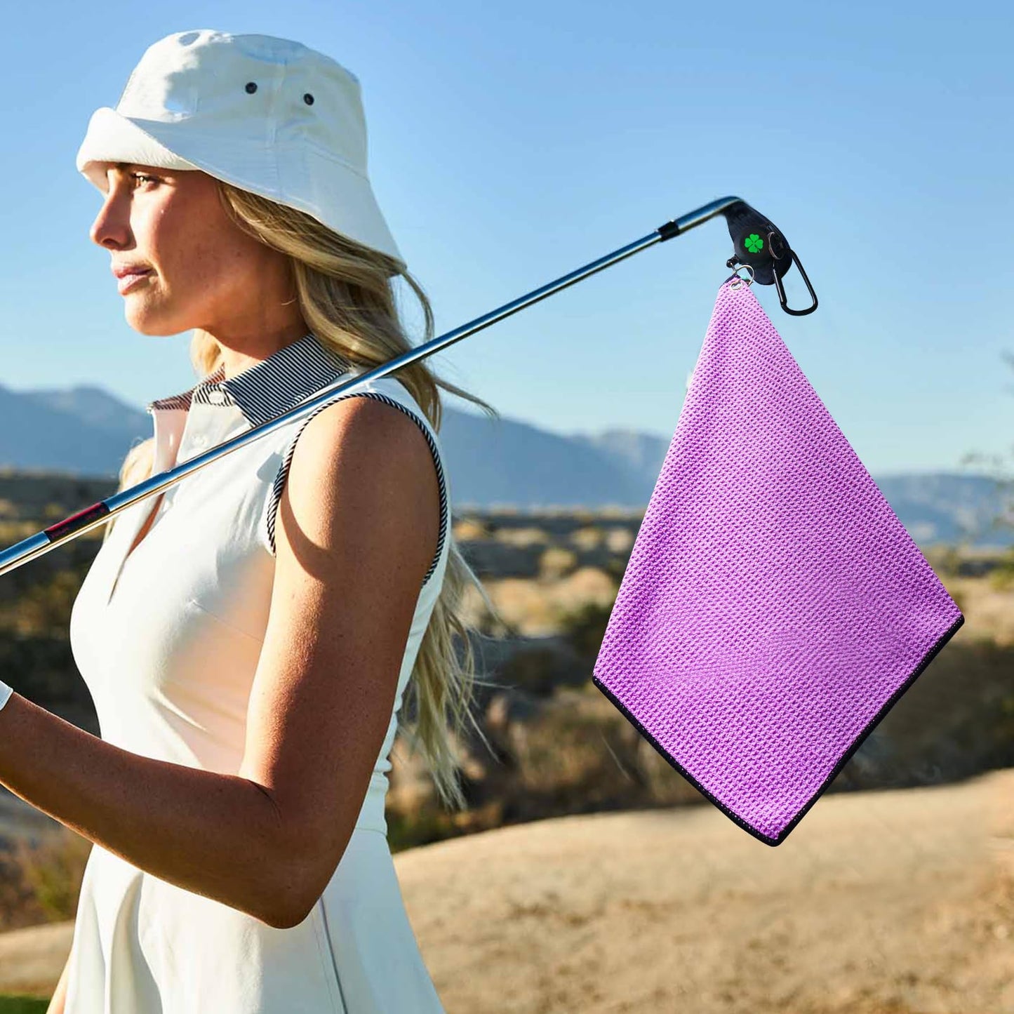 Amy Sport Golf Towels for Golf Bags for Women Men Value 2 Pack with 3 Strong Magnetic Retractable Carabiner and Black Brush, 16''X16'' Microfiber Waffle Pattern Towel Absorbent Set (Purple)