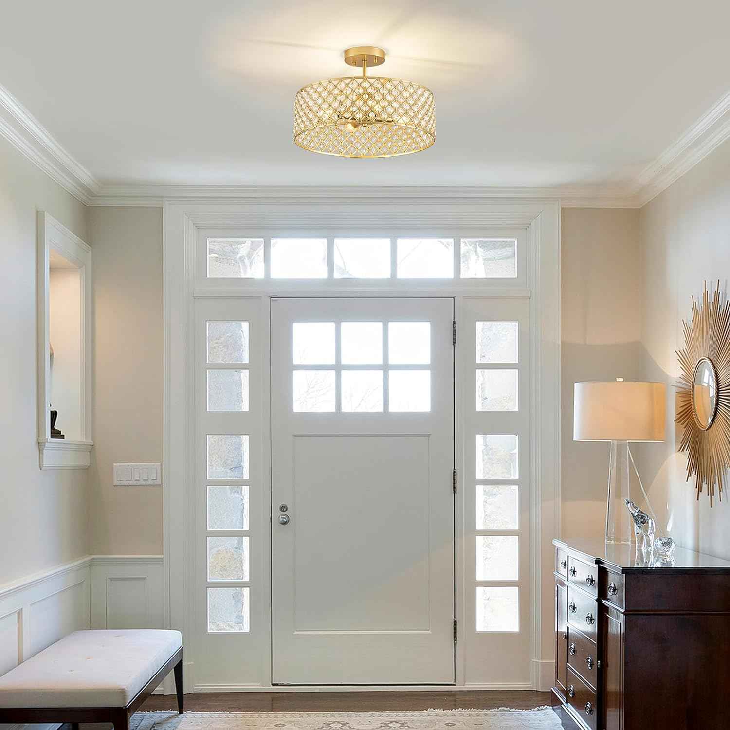 Modern Black Crystal Semi Flush Mount Ceiling Light Fixture - 11.2" Round Chandelier for Dining Room, Hallway, Kitchen & Bedroom