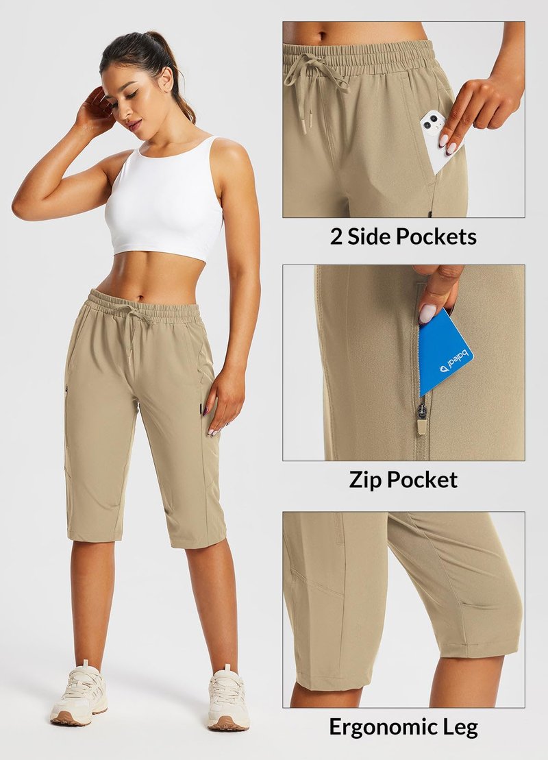 baleaf Women's 15" Hiking Shorts Long Bermuda Cargo Below The Knee Capris Lightweight Quick Dry Elastic Waist for Casual Brown L