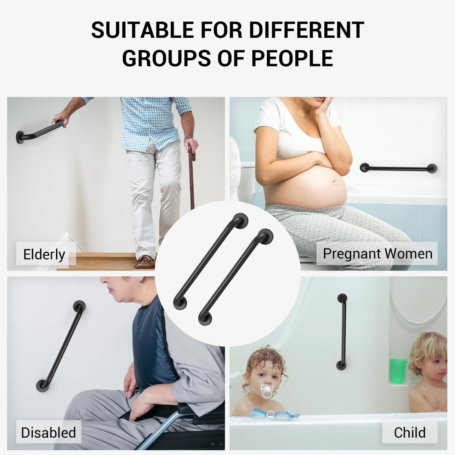 16 Inch Grab Bars for Wall Black, Safety Shower Grab Bars for Seniors Elderly Handicapped, Handicap Grab Bars for Shower with Concealed Screws, Tesuchan