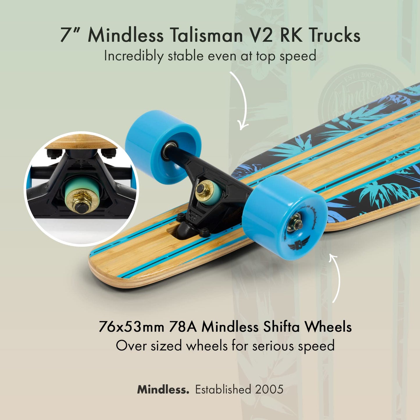 Mindless Maverick IV DT Talisman Blue & Floral | 46” Drop Through Longboard 6 Ply Canadian Maple and 1 Bottom Ply Smoked Bamboo Responsive and Safe Ride | Complete Down Hill Type Board for Commuting
