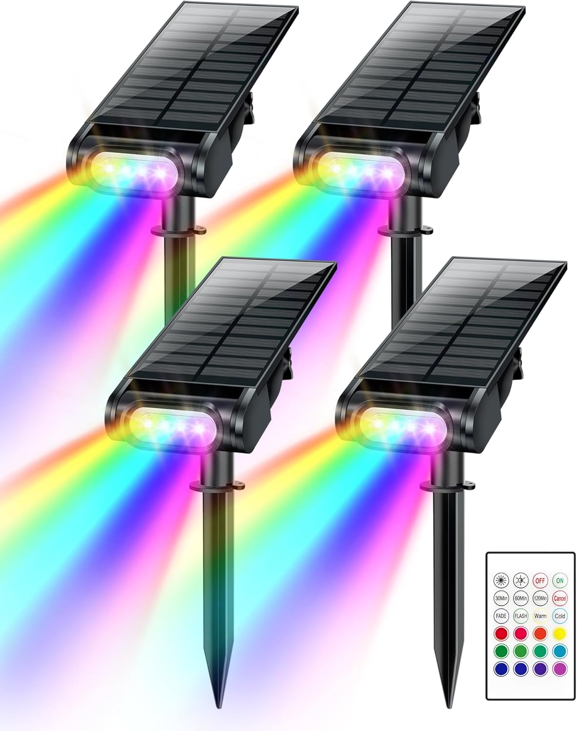 RGB Solar Spot Lights for Halloween - 12 Color Modes, Waterproof IP67, Remote Control, 4-Pack for Yard & Garden