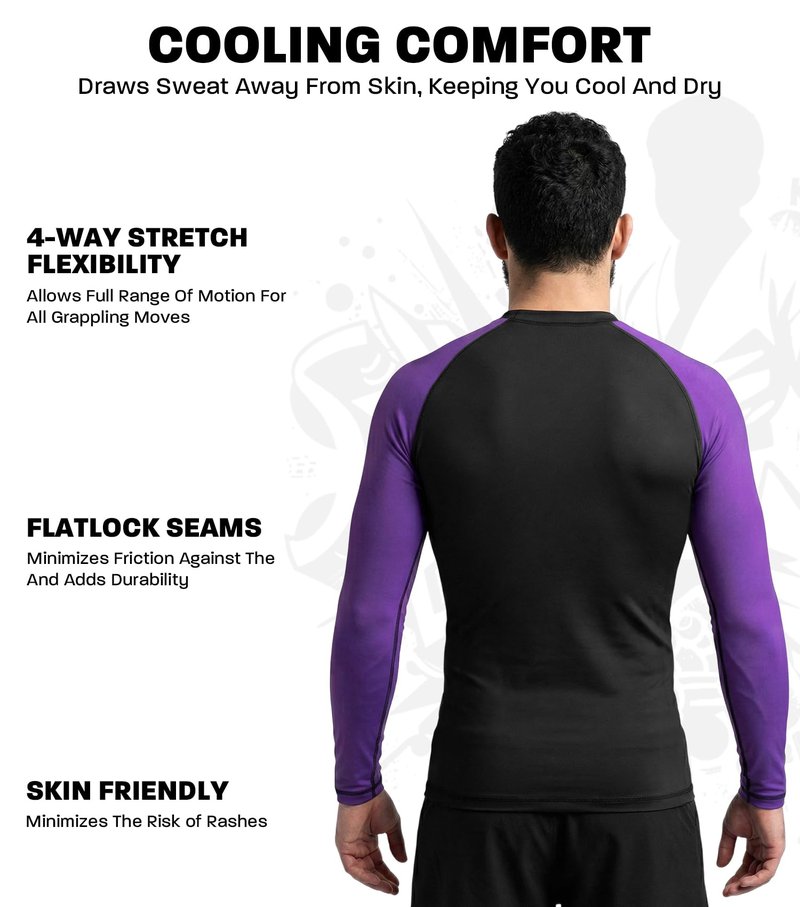 Exxact Sports Men’s BJJ Rash Guard Long Sleeve, IBJJF Ranked No Gi Jiu Jitsu Compression Shirt for MMA Grappling & Wrestling - (Black/Purple, AM)