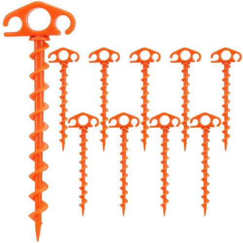 COBARYEN Tent Stakes Ground Anchors Screw in, 10 Pack Sand Stakes for Beach 9.4 Inch Heavy Duty Spiral Tent Pegs for Camping, Party, Hiking, Outdoor Decoration (10, Orange)