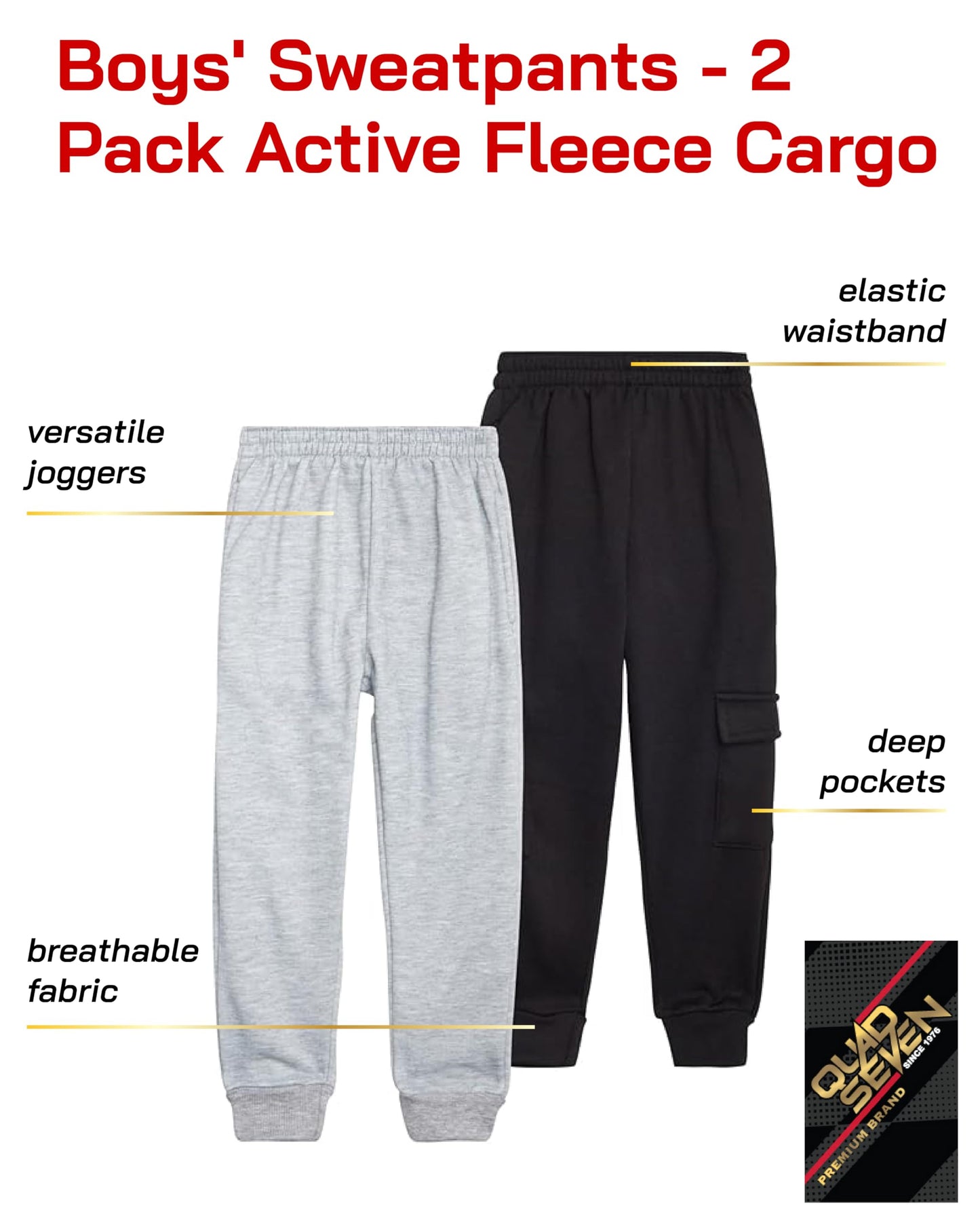Quad Seven Active Toddler Boys Sweatpants - 2 Pack Fleece Cargo Boys Athletic Jogger Pants and Basic Sweatpants (Sizes: 2T-7), Size 7, Heather Grey/Black