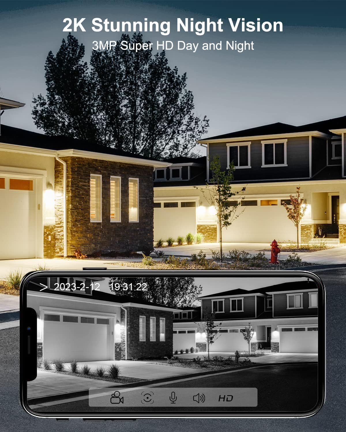 ANRAN Solar Security Cameras Wireless Outdoor for Home Security, 3MP 2K Color Night Vision WiFi Surveillance Home Camera with Solar Panel, Spotlight, PIR Detection, 2-Way Talk, 2 Packs