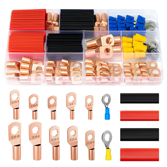 Sanuke 130pcs Copper Wire Lugs, Battery Lugs Awg 2 4 6 8 10 12 14 16 Copper Lugs Assortment Ring Terminals Connectors Wire Connectors Terminals, 70pcs Battery Cable Ends with 60pcs Heat Shrink