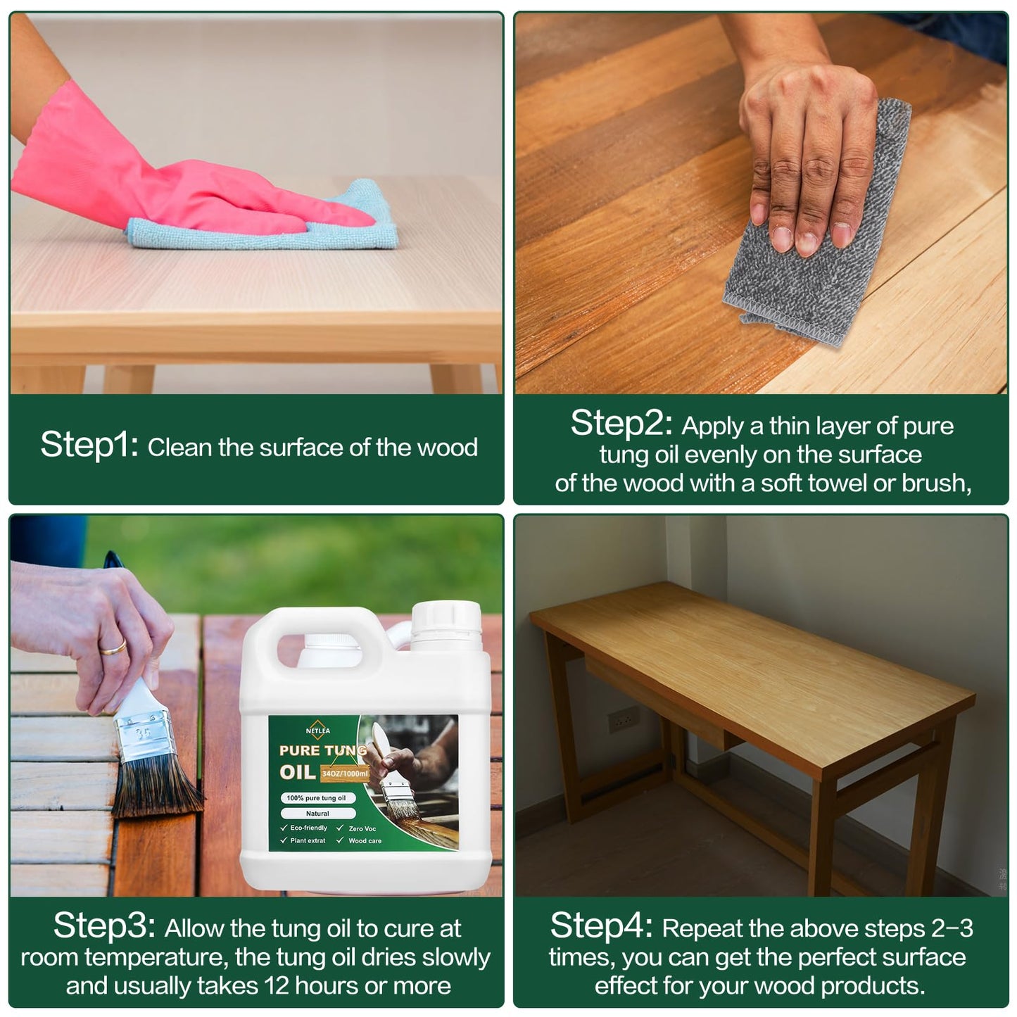 NetLea 100% Pure Tung Oil for Wood Finish,Food Safe for Furniture,Countertop,Cutting Board,Indoor & Outdoor Furniture,Wood Floor