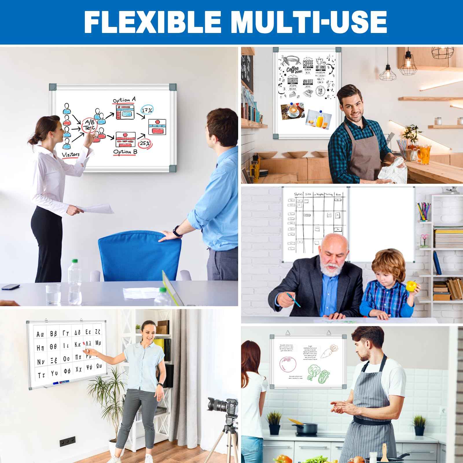 Magnetic White Board Dry Erase Board for Wall 24" x18 (2pcs) Aluminum Frame Magnet White Board for Home, School, Office, Kitchen