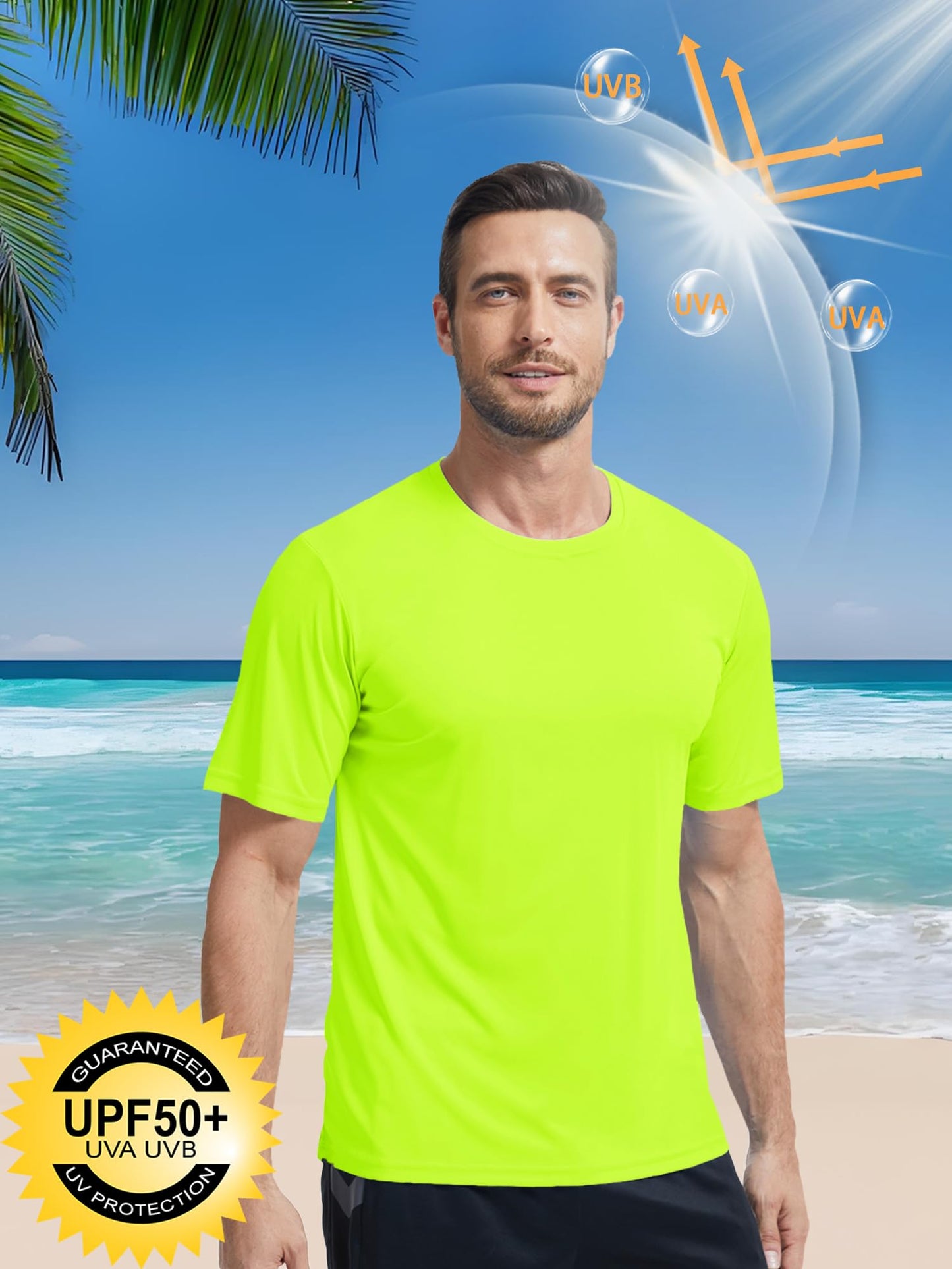PLUMZJOY T-Shirts for Men Short Sleeve UPF 50+ UV Protection Sun Shirts Quick Dry Swim Shirt Rash Guard Beach Shirts Moisture Wicking Athletic T-Shirt Fluorescent Green XL
