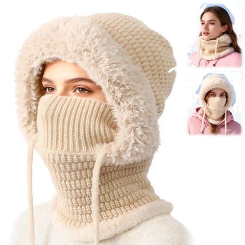 3 in 1 Beanie Hat with Scarf and Mask, Womens Knit Beanie Hat,Knitted Ski Mask Set,Fall Winter Warm Knitted (Beige)