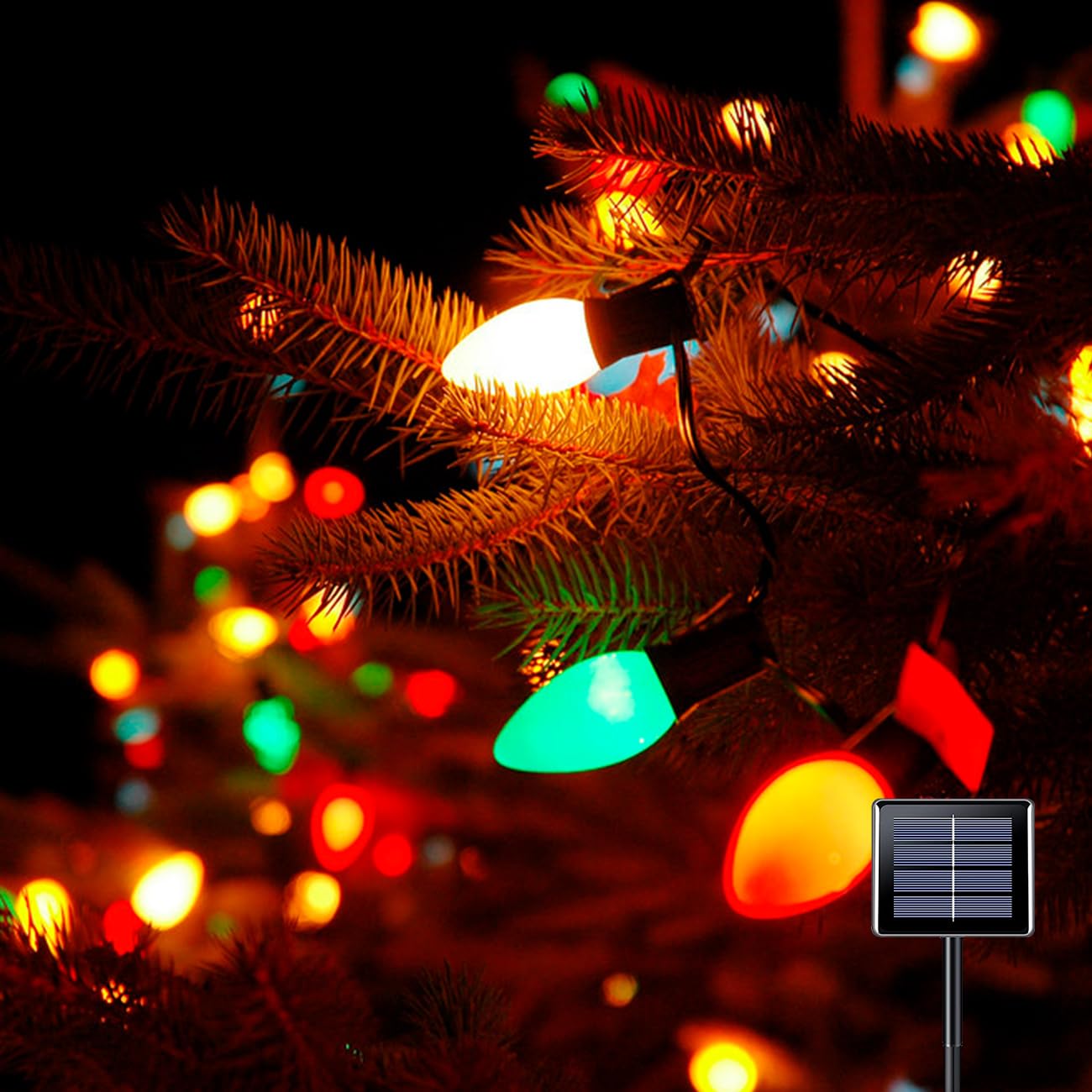 Anycosy Solar Christmas Lights, 29.5 FT 60 LEDs C7 Strings Lights 8 Modes with Auto On/Off Time for Xmas Tree Garland Garden Patio Indoor Outdoor Christmas Decorations WC-60