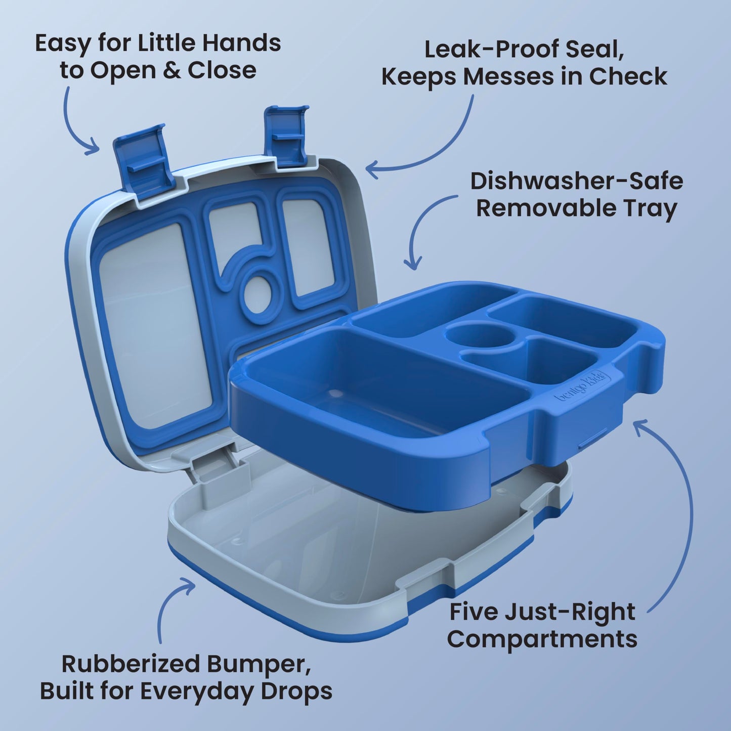 Bentgo Kids Bento-Style 5-Compartment Leak-Proof Lunch Box - Just-Right Portions for Ages 3 to 7, Durable, Drop-Proof, Dishwasher Safe, PFAS & BPA-Free & Made with Food-Safe Materials (Blue)