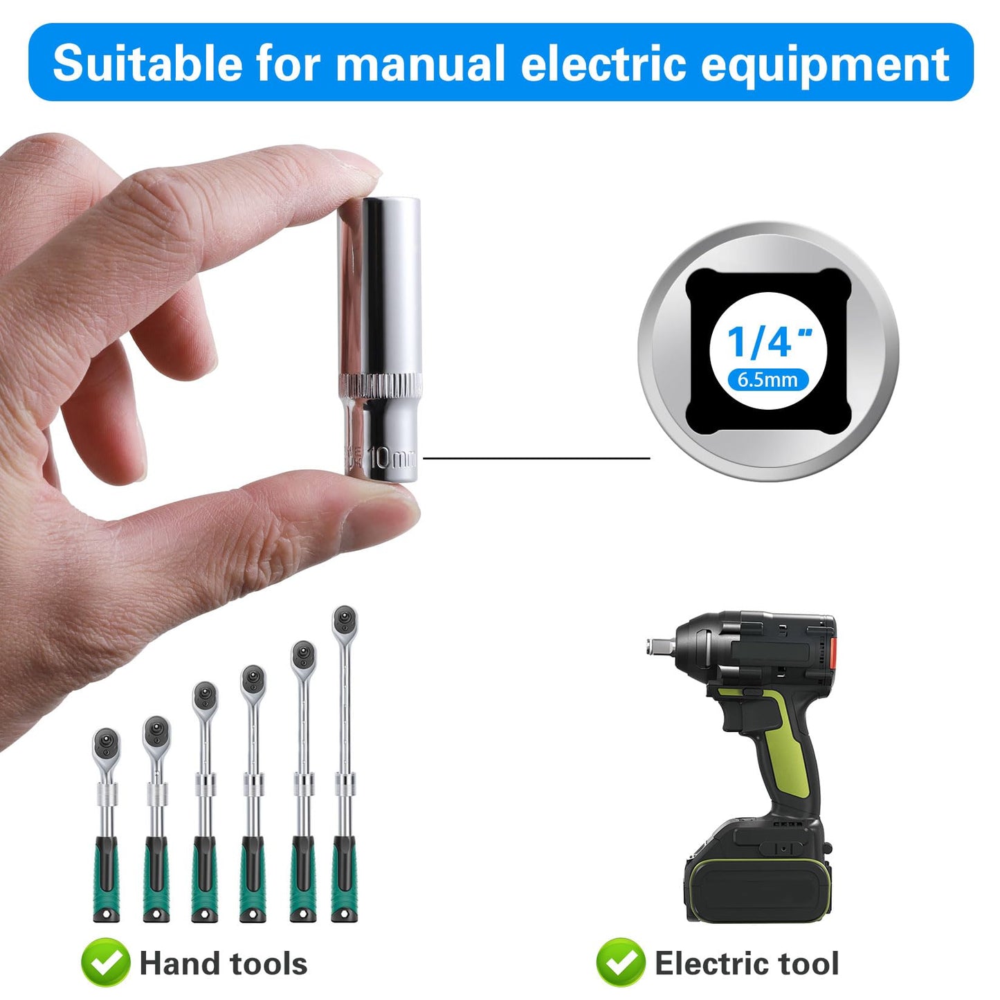 9-Piece 10mm Deep Sockets, 1/4-Inch Drive, 6-Point, Corrosion Resistance, Compatible with Standard Ratchet Wrenches and Tools