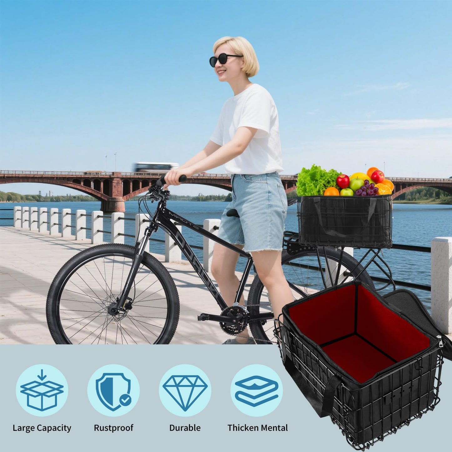 Foldable Bike Basket Rear with Bag Cargo Net Cover Bicycle Baskets for Adult Bikes Spring System for Carrying Grocery Small Dog Cat