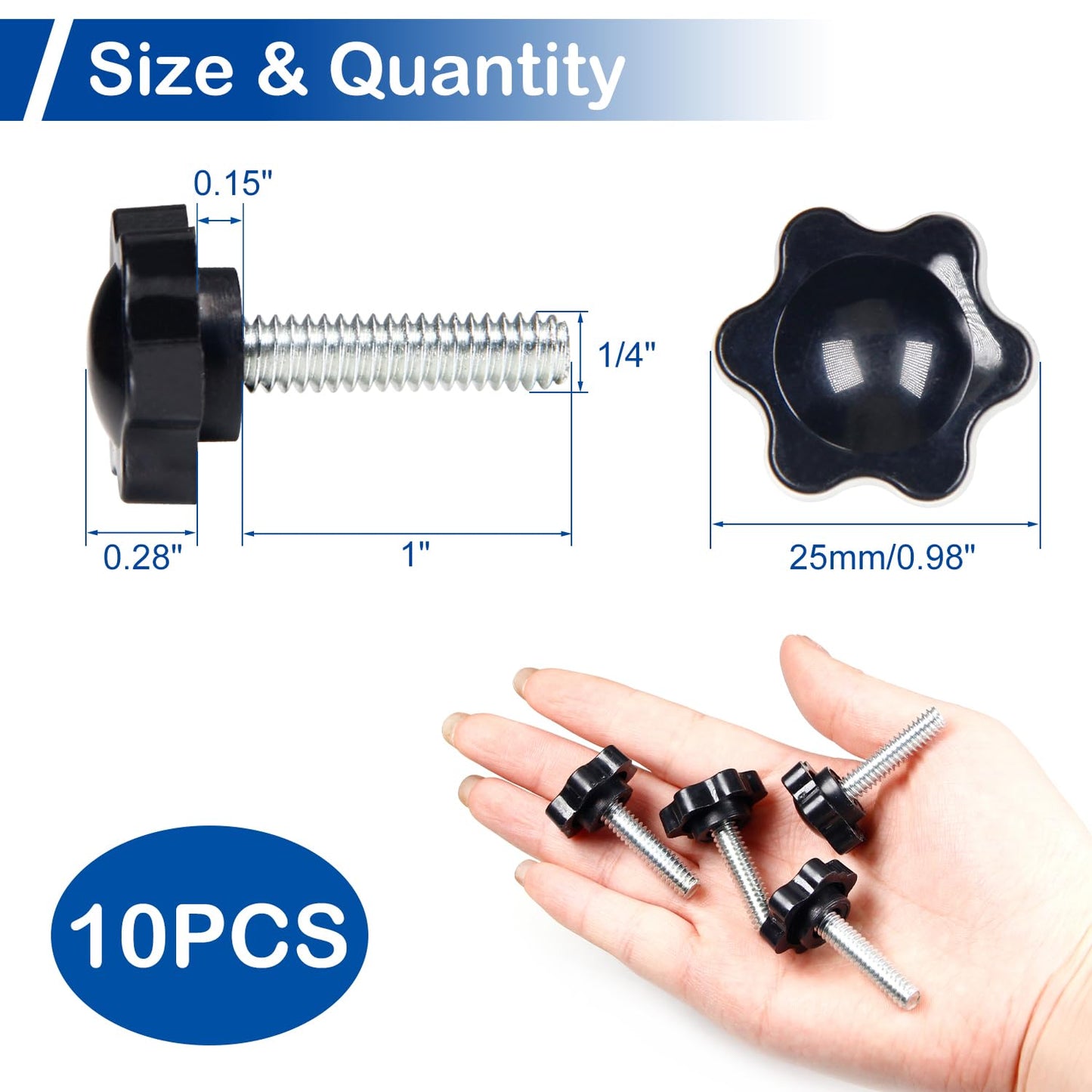 MroMax 10Pcs 1/4"-20 x 1 Threaded Knurled Thumb Nuts, Black Plastic Knobs Clamping Screws, Grip Knob Screw for Replacing Umbrella Base