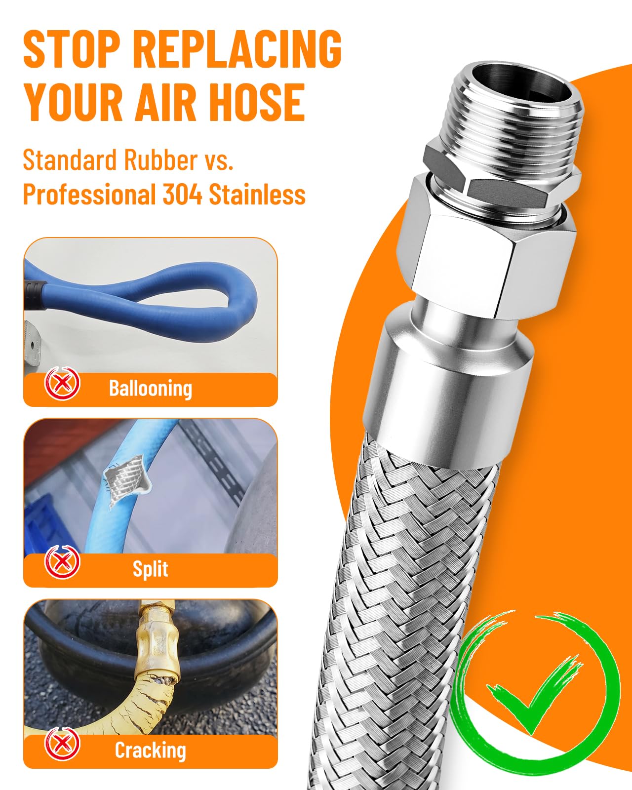 Turnirace 1/2" x 60" Air Compressor Jumper Hose Kit, Steel Braided NPT Air Hose with 1/2" Swivel Ends, Air Compressor Pump to Tank Line, 450 PSI 750°F Air Compressor Flex Hose