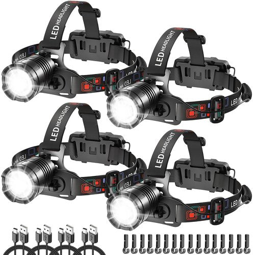 High Lumen Rechargeable Headlamp, Super Bright Head Lamp, 90°Angle Head Lights for Forehead, Adjustable Focus Headlight, 4Mode LED Headlamp Rechargeable, Headlamps for Adults Hard Hat Hiking (4Pack)