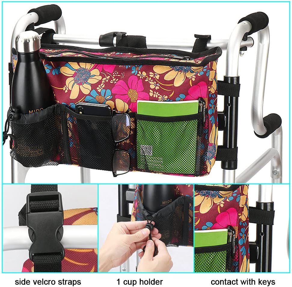 Walker Bag - Water Resistant Pouch Basket with 6 Pockets for Rollators & Wheelchairs | Floral Design