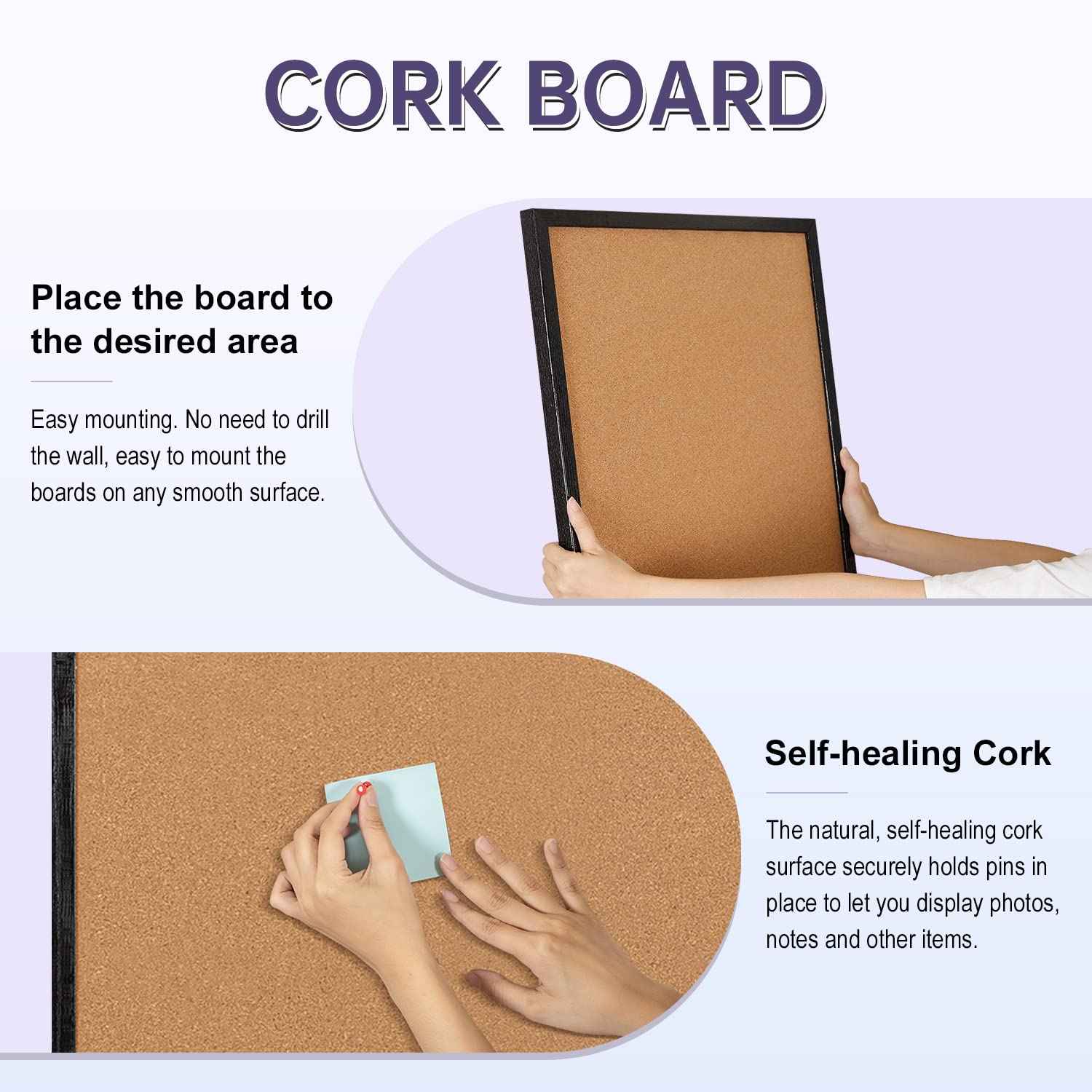 Cork Board Bulletin Board, 36" X 24“ Decorative Hanging Pin Board for Wall with Natural Wood Frame, 50 Push Pins Included