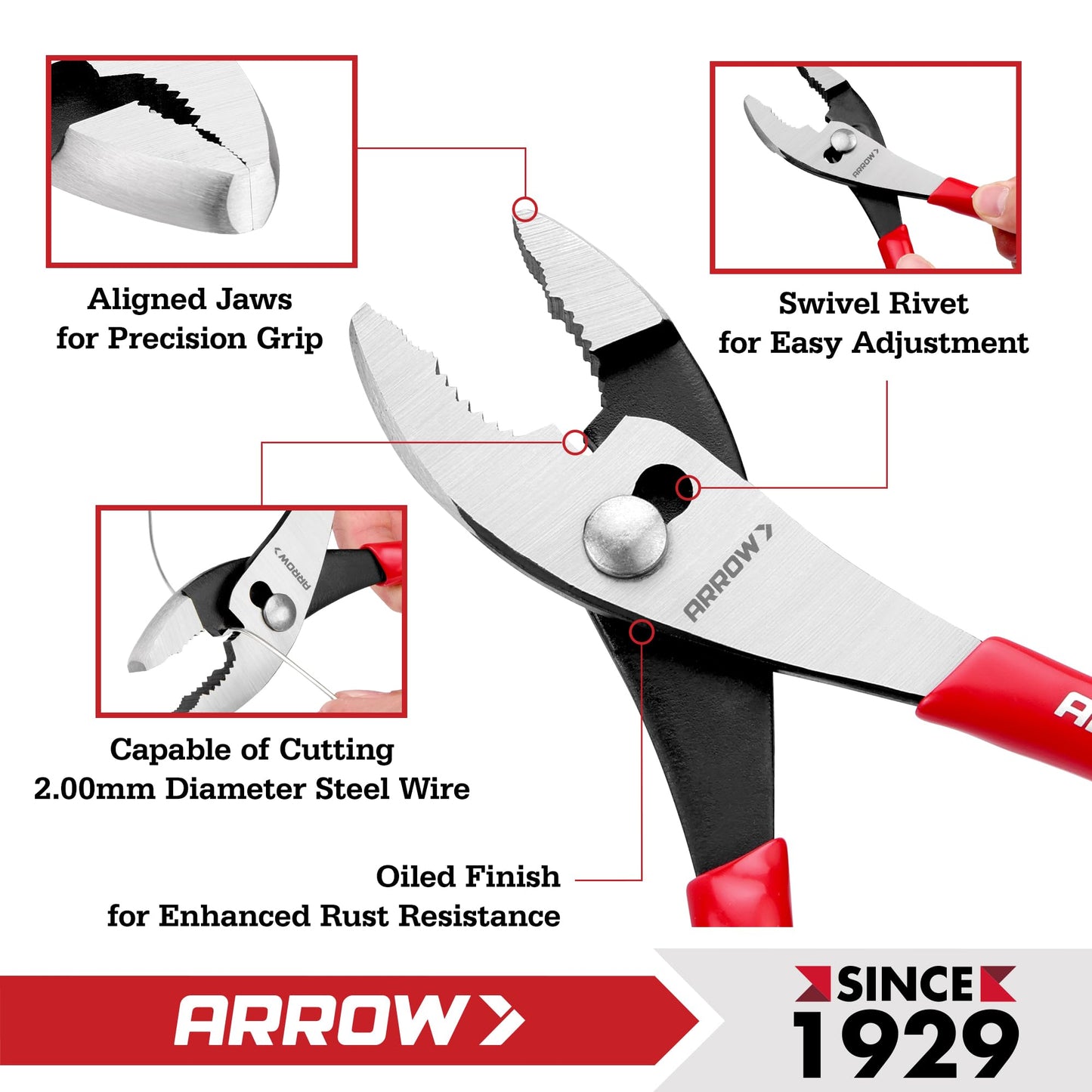 ARROW 8" Slip Joint Pliers, Pliers Tool with Thick Dip-Grip Handle, Strong Grip Jaws, High Carbon Steel, Pliers for Gripping, Loosening Nuts and Bolts, Cutting Steel Wire
