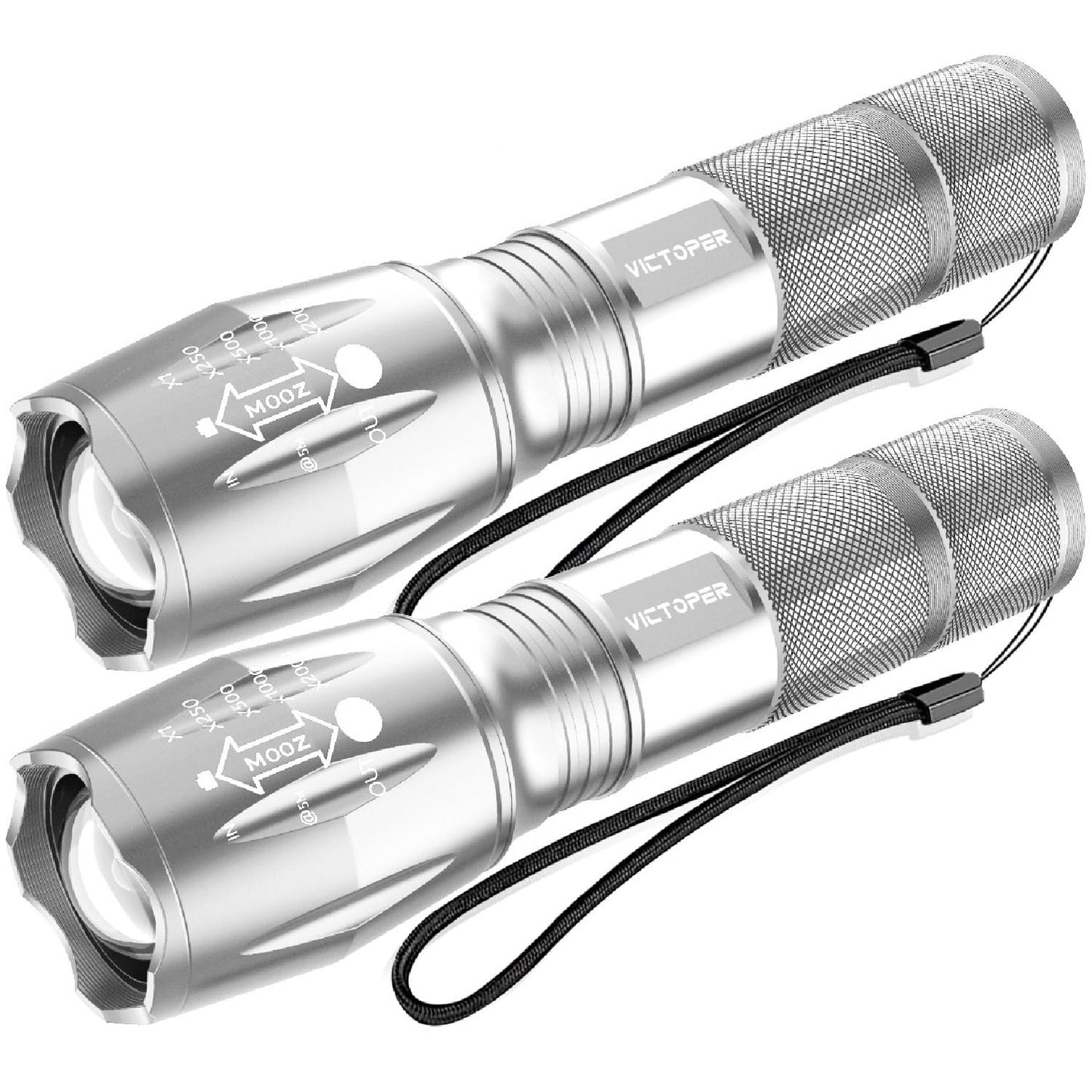 Victoper LED Flashlight 2 Pack Silver, Bright High Lumens Tactical Flashlights High Lumens with 5 Modes, Waterproof Zoomable Flash Light for Outdoor, Gifts for Hiking Camping Essentials Gear