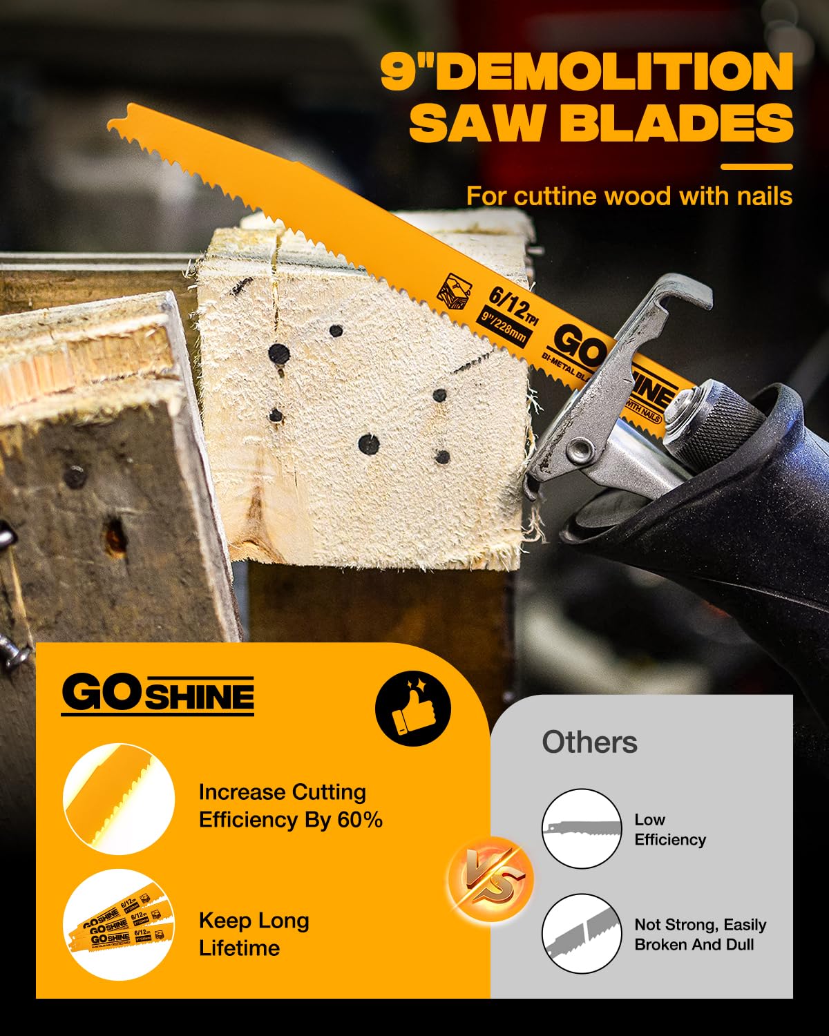 10 Pack 9 Inch 6/12 TPI Reciprocating Saw Blades for Nail-Embedded Wood,Bi-Metal Blades for Cutting Stud and Nail PVC Pallets etc