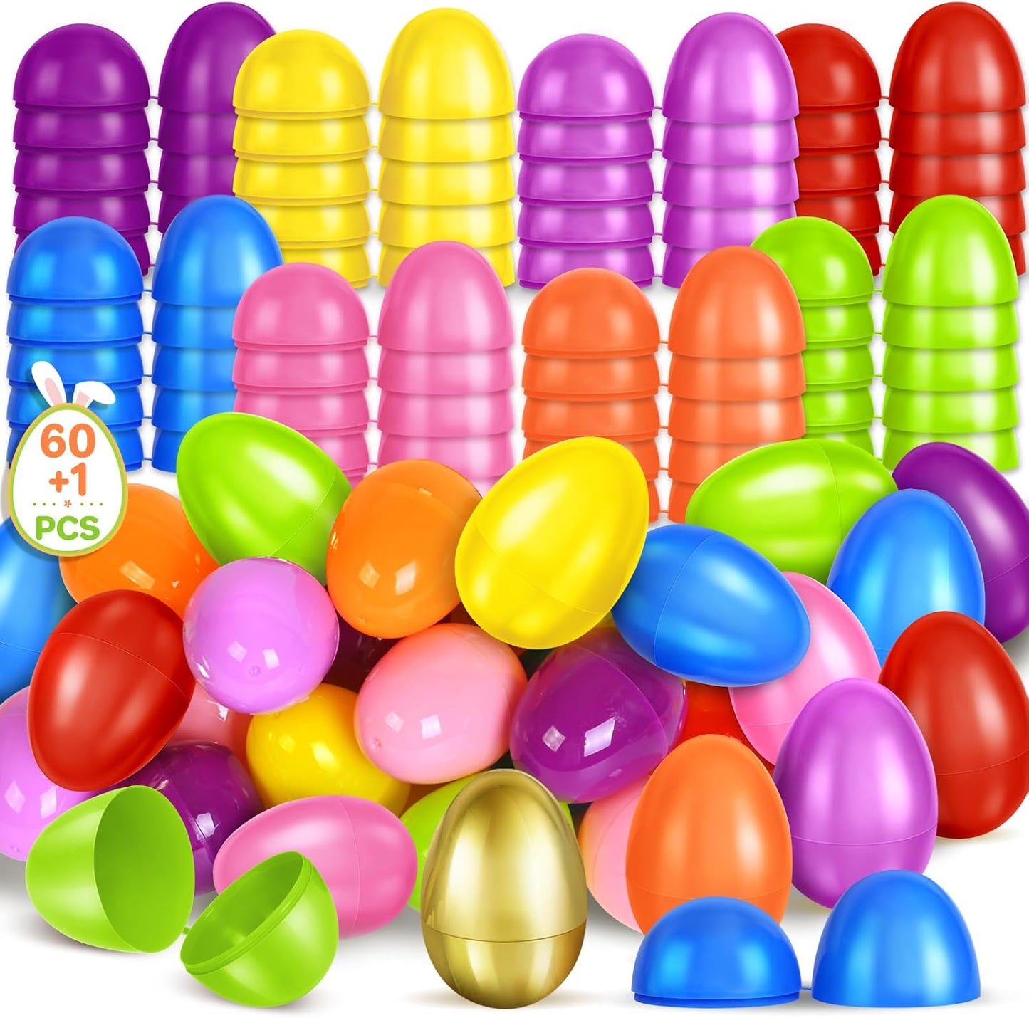 SpringFlower 60 Pcs Colorful Unfilled Easter Eggs - 2.3” Plastic Eggs with 1 Golden Egg for Candy & Treats