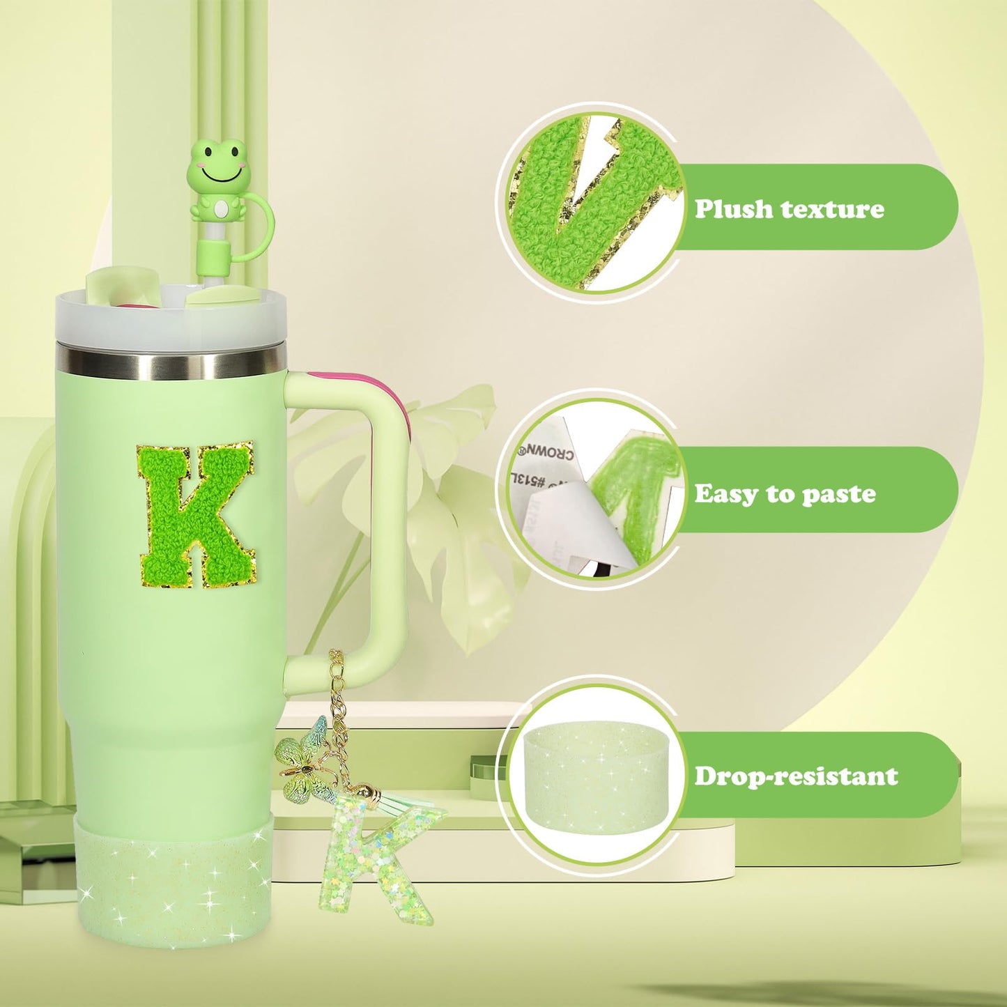 Liangang 8PCS Green Cup Accessories Set For Stanley 30oz 40oz,Including Boot,Spill Proof Stopper,2PCS Stanley Straw Cover and 2PCS Sticker Letter (Letter K)