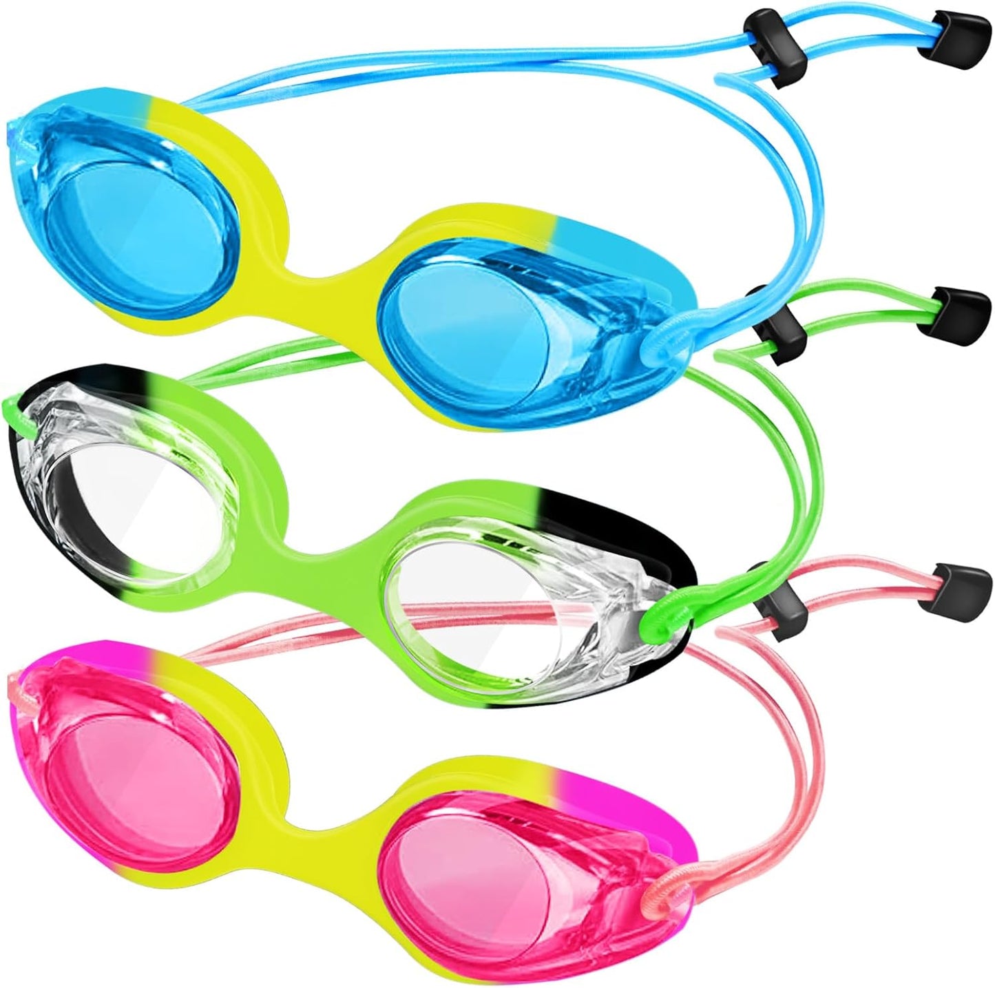 XDX Kids Swim Goggles - 3 Pack With Adjustable Bungee Strap | Anti-Fog, No Leak Design for Ages 3-14