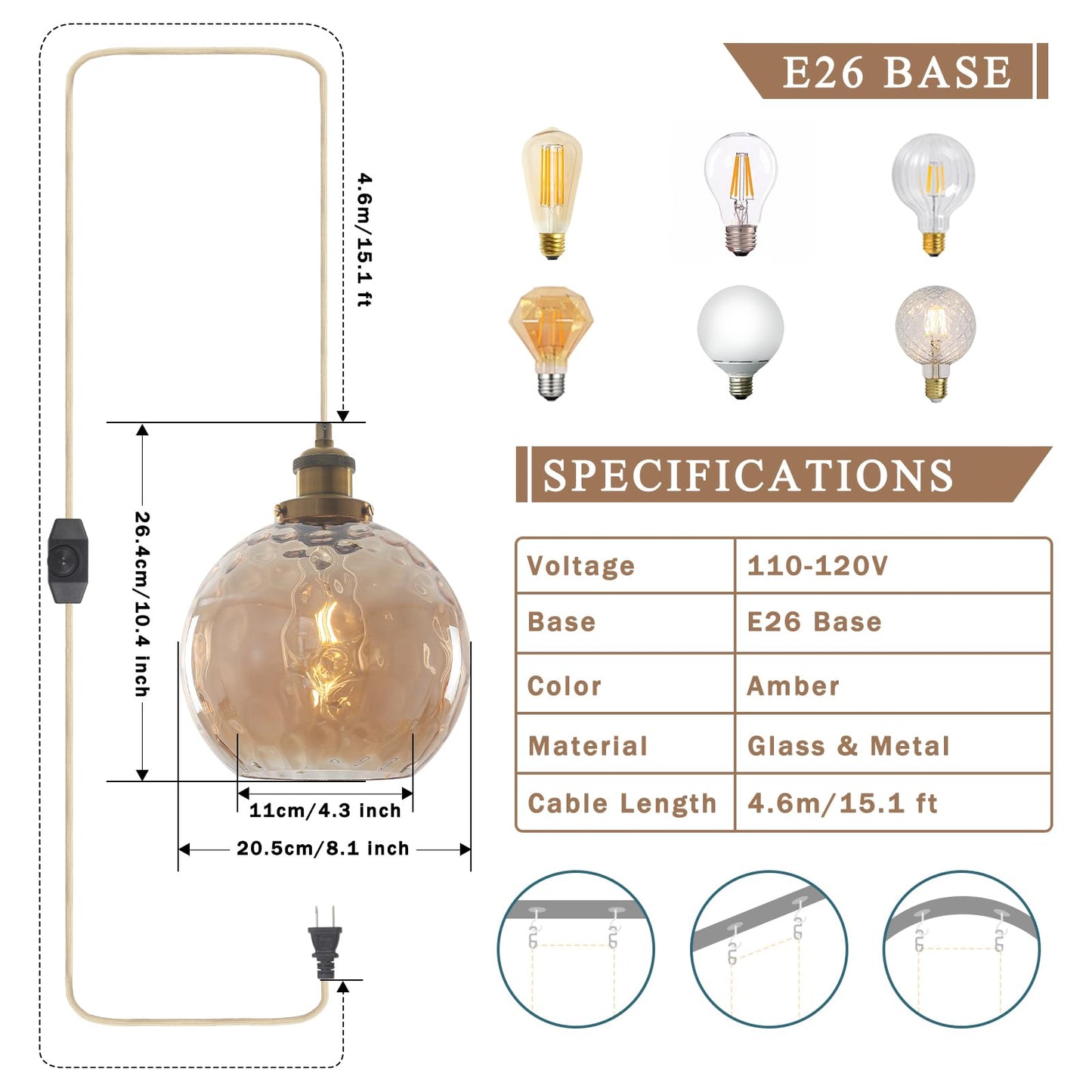 ETONIMERR Plug in Pendant Light, Amber Brown Glass Chandelier Hanging Light Fixture for Dining Room, Outdoor Pendant light with 15ft Cord and Dimmable Switch for Porch Gazebo Kitchen Island Livingroom