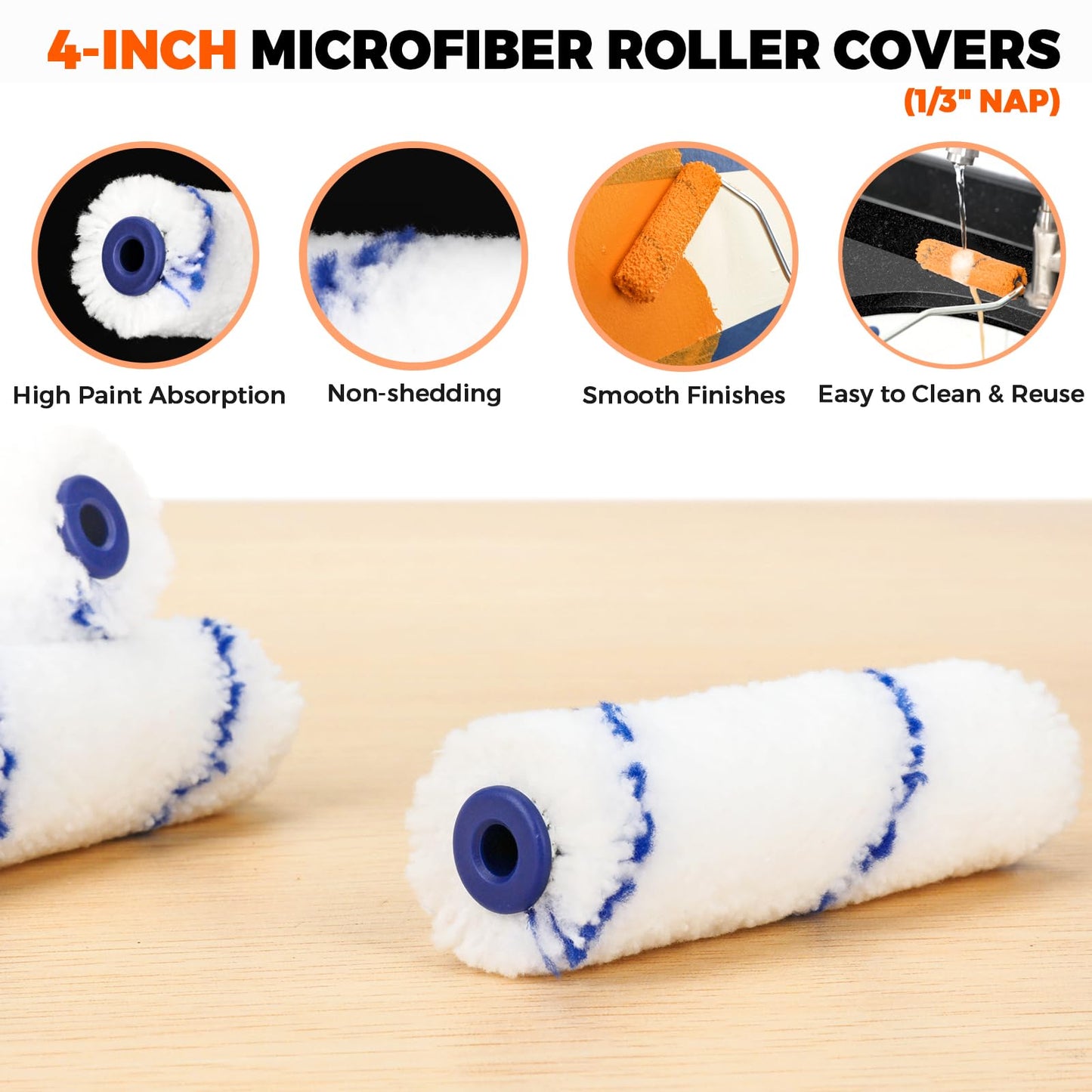 PinStone 4 Inch Microfiber Paint Roller Covers, 1/3" Nap, 24 Pack, Use with All Paints and Stains, Small Paint Roller Naps, Mini Rollers for Walls, House Painting Supplies