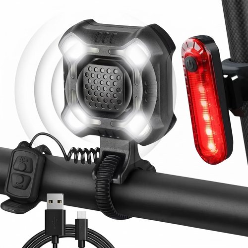140 dB Bicycle Horn with Front and Rear Lights，USB Rechargeable Bike Bell with Wide-Beam LED Headlight, IPX6 Water-Resistant, for Night Riding and Daily Commute, Suitable for Commuters, E-Bike Riders
