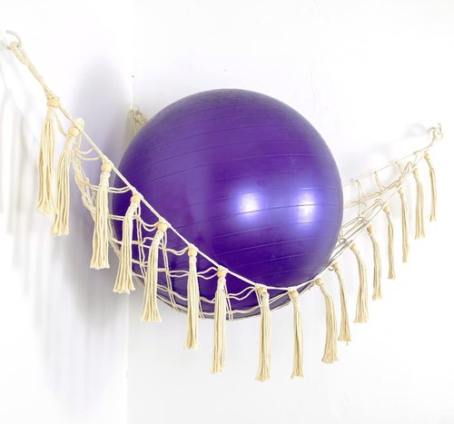 Yoga Ball Rack Corner Hanging Storage Net for Fitness, Balance, Stability & Swiss Balance Balls - Organizer for Yoga Studio & Gym (Cream, 1)