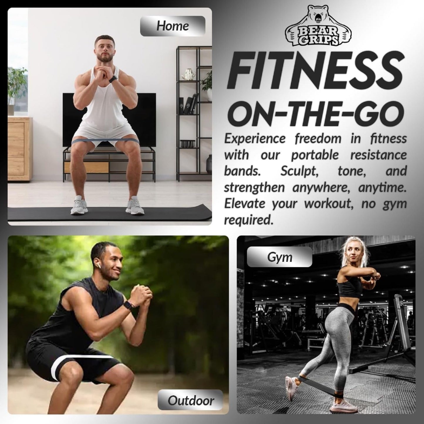 Bear Grips Resistance Bands for Working Out - Home Gym Equipment Exercise Bands - Glutes Workout Equipment Elastic Bands for Exercise Yoga Blocks, Pilates, Hip, Legs, Thigh - 3 Pack