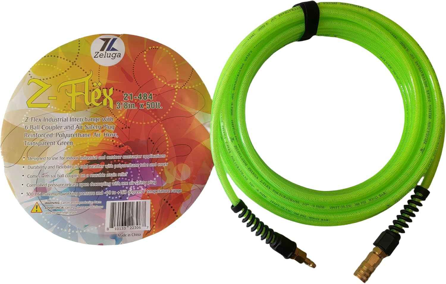 Z-Flex 1/4in. x 100ft. Reinforced Polyurethane Air Hose with Ball Coupler & Safety Plug - 300 PSI