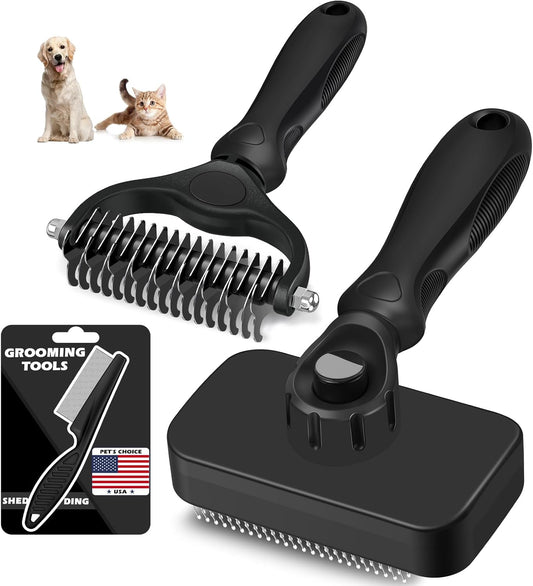 Skiennix Self-Cleaning Slicker Brush Set - Pet Grooming Rake & Flea Comb for Dogs, Cats, Horses | Double-Sided Dematting Tool | Premium Black
