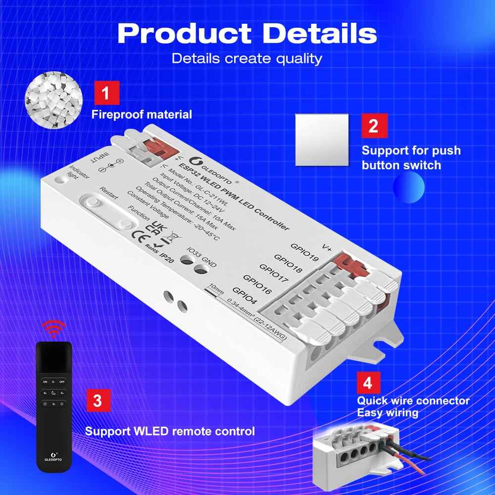 ESP32 PWM WLED LED Controller 5 Modes in 1 DC 12-24V WiFi Wireless App Control Easy Wiring DIY Static Dynamic Mode Lighting For Analog RGBCCT RGBW RGB WWCW CCT Dimmer Strip Light WLED Pre-installation