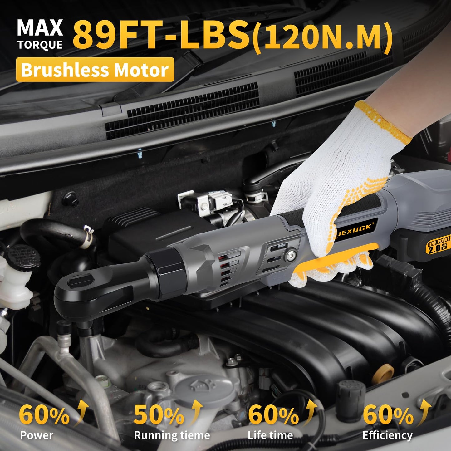 JEXUGK 120Nm Cordless Ratchet Wrench, 3/8" 89 FT-LBS Brushless Ratchet Set with 2 x 2.0A Battery, 21V Electric Matraca Electrica with Variable Speed 7Sockets,1/4" Adapter,1/2" Adapter,3" Extension Bar