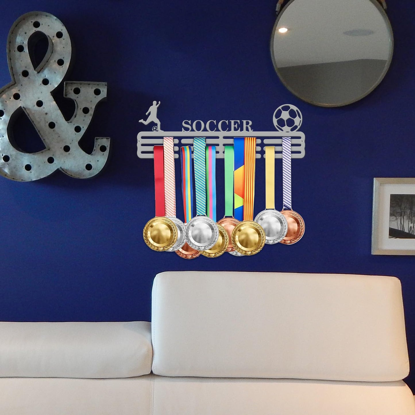 Resama World Cup Soccer Medal Hanger Holder Display Rack for Awards Ribbons Personalized Medal Sports Themed Race Ribbon Holder for Wall Metal Display for Men Boy Girl Kid Silver